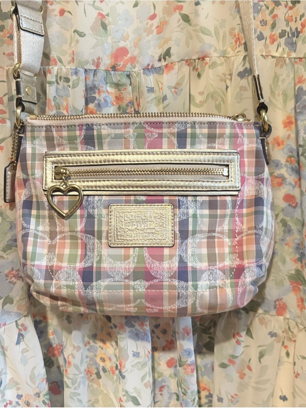 Coach Pastel Plaid Crossbody in Pink, Blue, Green & Cream with Heart Charm